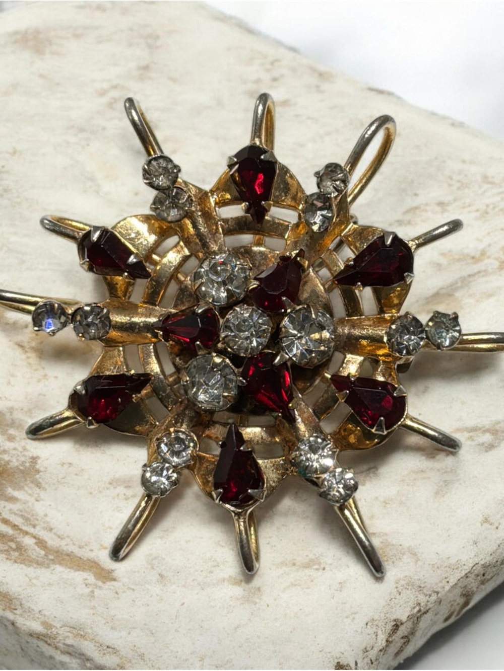 VTG-*Scitarelli* Starburst Brooch Gold Filled w/Red Garnets(?) & CZ Rhinestone